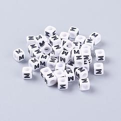 アクリル横穴レタービーズ  キューブ  ホワイト  文字m  サイズ：幅さ約6mm  長さ6mm  高差6mm  穴：約3.2mm  約2600個/500g