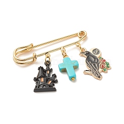 Halloween Castle & Crow Alloy Enamel Charm Safety Pin with Synthetic Turquoise Cross&nbsp;JEWB-BR00069-04