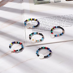 女性のためのシェル & ガラス ビーズ ストレッチ フィンガー リング  混合模様  usサイズ7 3/4(17.9mm)&nbsp;RJEW-JR00481