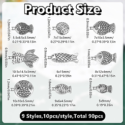 90個9スタイルチベットスタイルアロイビーズ  魚  アンティークシルバー  5.5~10.5x6~14.5x3~9mm  穴：0.9~1.2mm  10個/スタイル&nbsp;FIND-HY0004-57