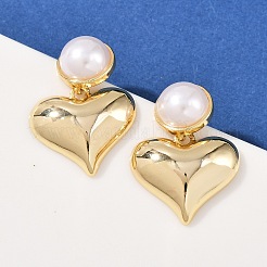 Brass ABS Plastic Pearl Heart Dangle Stud Earrings&nbsp;EJEW-L275-13G-02