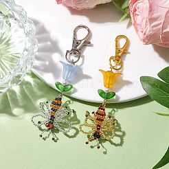 ミツバチの手作りガラスシードビーズペンダント装飾  バッグの飾りに使えるアクリル製の花と回転式カニカンチャーム  プラチナ·ゴールデン  100mm  2個/セット&nbsp;HJEW-MZ00069