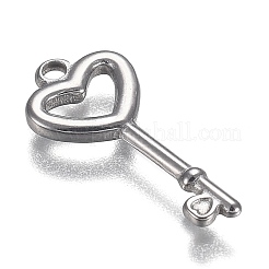 変色しない304ステンレススチールペンダント  ハートの鍵  ステンレス鋼色  22x10x2mm  穴：2.2mm&nbsp;STAS-I166-15P