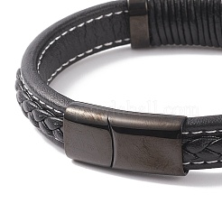 レザーコードブレスレット  304ステンレススチール製マグネット留め具  長方形  電気泳動黒  8-5/8インチ（22cm）  12~15x6~10mm&nbsp;BJEW-E345-09B