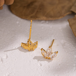 304ステンレススチールフラワースタッドピアス  クリアキュービックジルコニア  18KGP本金メッキ  6x8mm&nbsp;X-WA7046