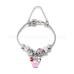 合金エナメルヨーロピアンビーズチャームブレスレット  女性用スネークチェーンブレスレット  花と蜂と空の輪  ポリマークレイラインストーンとシリコンビーズ付き  鉛フリー＆カドミウムフリー  アンティークシルバー＆プラチナ  7-3/8インチ（18.8cm）&nbsp;BJEW-F495-16P