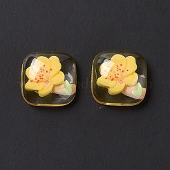 クリア樹脂カボション  正方形  ゴールド  花柄  19x19x8mm&nbsp;RESI-G034-A03