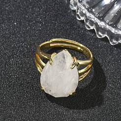 真鍮のカフオープンリング  天然水晶と  ティアドロップ  多面カット  ラックめっき  長持ちメッキ  ゴールドカラー  18mm&nbsp;RJEW-D347-04G-16
