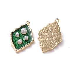 エナメルチャーム  真鍮パーツとアクリルパール  18KGP本金メッキ  菱形  グリーン  19.5x12.3x4mm  穴：1mm&nbsp;KK-G377-04A-01