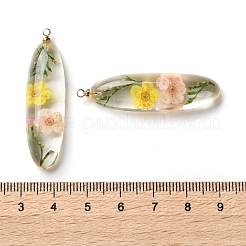 内側のドライフラワー透明樹脂ペンダント  真鍮のパーツと  楕円形のチャーム  カラフル  43.5x12x8mm  穴：1.8mm&nbsp;LS-RESI-A043-01B