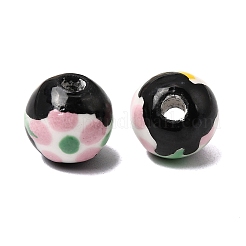 手作りの陶器ビーズ  手描き  花柄ラウンド  ブラック  10mm  穴：2~2.5mm&nbsp;PORC-A034-02B