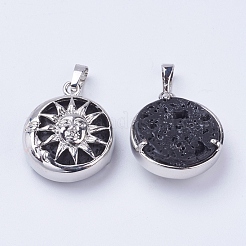 天然溶岩岩ペンダント  真鍮パーツ  太陽とフラットラウンド  プラチナ  28x24x9~10mm  穴：5x7mm&nbsp;G-K234-C03