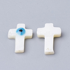 天然淡水シェルビーズ  ナザールボンジュウ付きクロス  ドジャーブルー  17x12x4mm  穴：1mm&nbsp;SHEL-Q017-09B