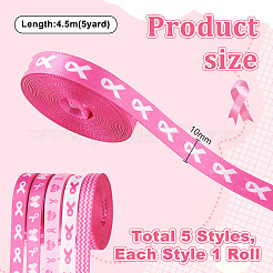 5Rolls 5 Styles Polyester Wave/Breast Cancer Awareness Ribbon Printed Ribbon&nbsp;OCOR-PH0004-22