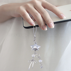 1個の星と蝶結びのアクリルとガラスと合金の携帯電話ストラップチャーム吊り下げキーチェーン女性用  電話の装飾チャーム  プラチナ  155mm&nbsp;AJEW-LP0004-58