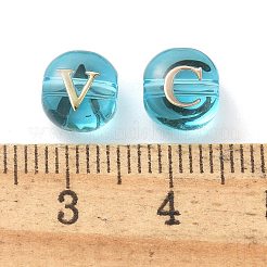 透明ガラスビーズ26個  アルファベットa〜zのフラットラウンド  ディープスカイブルー  8x7.5x6.5mm  穴：1.5mm&nbsp;GLAA-Q001-05A
