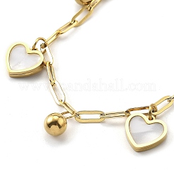 304ステンレススチールブレスレット  シェルと  ゴールド  ハート  6-7/8インチ（17.5cm）&nbsp;BJEW-R003-03G-03