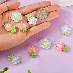 8 スタイルの半透明樹脂ペンダント 4 個  花のチャーム  プラチナ トーン アイアン ループ diy ネックレス  ミックスカラー  25~29x17.5~22.5x5~8mm  穴：2mm  2個/スタイル&nbsp;CRES-FP0001-08