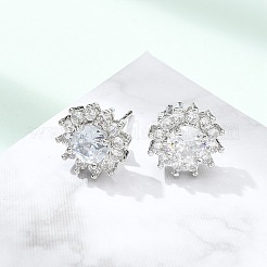 真鍮マイクロペーブクリアキュービックジルコニアスタッドピアス  パヴェクラスターイヤリング  花  プラチナ  11.5mm&nbsp;EJEW-R009-02P