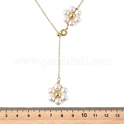 Adjustable Brass Shell Pearl Beaded Flower Pendant Lariat Necklaces&nbsp;NJEW-JN06496
