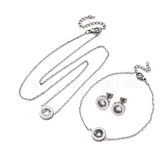 フラットラウンド 304 ステンレススチール キュービックジルコニア ペンダントネックレス & ブレスレット & スタッドピアスセット (女性用)  PVD真空メッキ  長持ちメッキ  ゴールドカラー  17.95インチ（456mm）&nbsp;SJEW-C004-19G