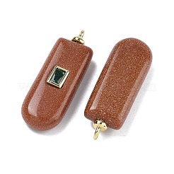 合成ゴールドストーン金砂石ペンダント  真鍮マイクロパヴェキュービックジルコニアの金具が付いた長方形のチャーム  鉛フリー＆カドミウムフリー  長持ちメッキ  ラックめっき  18KGP本金メッキ  35x12x6~7mm  穴：2~3mm&nbsp;KK-C251-01H-02