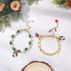 2Pcs 2 Styles Christmas Theme Alloy Enamel Charm Bracelets & Iron Paperclip Chain Bracelets Sets&nbsp;BJEW-JB12443-03