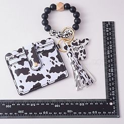 女性用レザーリストレットキーチェーンブレスレットウォレット  シリコンと木製ビーズのリストレットカードホルダー、タッセル付き  牛の模様  11.1x9.5cm  ブレスレット：56内径&nbsp;JX632B