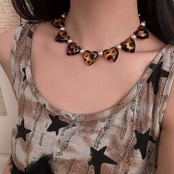 Leopard Print Acrylic Heart and Round Imitation Pearl Beaded Necklaces&nbsp;FS-WG140B1-01
