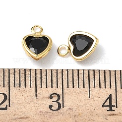 真鍮製ガラスチャーム  ハートチャーム  ニッケルフリー  多面カット  18KGP本金メッキ  ブラック  8x6x2.5mm  穴：1.2mm&nbsp;KK-Z136-19G-03