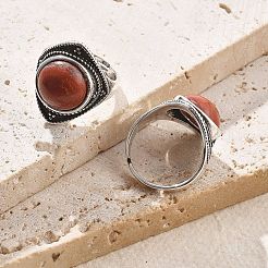 天然レッドジャスパーの調節可能なリング  アンティークシルバートーンの真鍮製指輪  菱形  22mm  内径：18mm&nbsp;G-P560-03AS-25