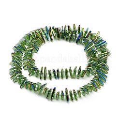 電気メッキ透明ガラスビーズ連売り  虹メッキ  三角形  グリーン  9x15.5~16mm  穴：1mm  約120個/連  24.57~25.67''（62.4~65.2センチメートル）&nbsp;EGLA-R114-01C