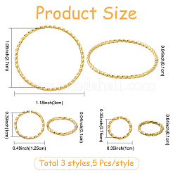 15個 3スタイル 304ステンレススチールオープン丸カン  ツイストラウンド  18KGP本金メッキ  10~30x1~1.5mm  内径：7.5~27mm  5個/スタイル&nbsp;STAS-YW0011-26