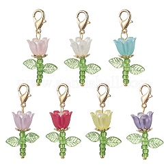 花のアクリルとプラスチックの模造真珠ビーズと日本のシードビーズのペンダント装飾  亜鉛合金カニカン付き  ゴールドカラー  36mm  7個/セット&nbsp;HJEW-JM03232-02