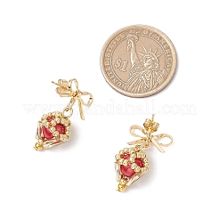 真鍮製ダイヤモンドダングルスタッドピアス  ガラスと  ゴールドカラー  ファイヤーブリック  28x16mm&nbsp;EJEW-MZ00465-04