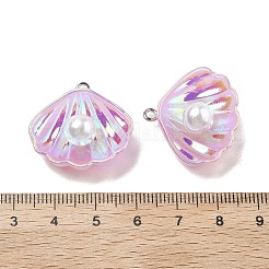 樹脂製模造真珠の虹色ペンダント  鉄のパーツと  シェル形状  パープル  25x26x9mm  穴：2mm&nbsp;RESI-I062-01C