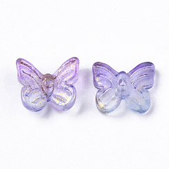 ツートン透明スプレー塗装ガラスチャーム  金色の箔付き  蝶  プラム  7x11x3mm  穴：1.2mm&nbsp;GLAA-N035-08A-G01