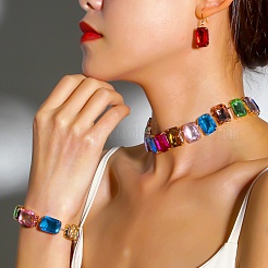 Alloy & Glass Rectangle Link Chain Necklaces & Bracelet & Dangle Earrings Sets&nbsp;FS-WGC2D75-02