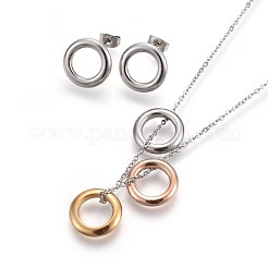 304ステンレススチールスタッドピアス＆ペンダントネックレスジュエリーセット  リング  ミックスカラー  17.7インチ（45cm）  15x2.5mm  ピン：0.7mm&nbsp;SJEW-L136-10