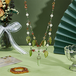 Natural Unakite Chip & Round White Jade & Synthetic Luminous Stone & Glass Leaf Bullet Shape Pendant Necklaces&nbsp;NJEW-OC00004