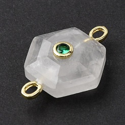 ファセットカットされた天然水晶の彫刻リンク  真鍮製のマイクロパヴェクリアキュービックジルコニアと真鍮製の金具を使用した六角形  ゴールドカラー  ラックめっき  17x27x8mm  穴：2mm&nbsp;G-T146-01G-06