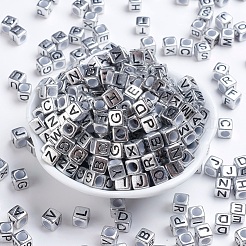アンティークシルバーメッキ大穴アクリルヨーロピアンビーズ  水平穴  ランダムな文字を持つキューブ  6x6x6mm  穴：4mm  約295個/50g&nbsp;X-PACR-Q099-01