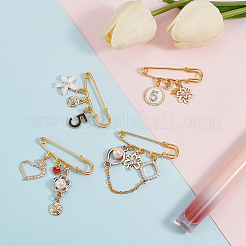 4Pcs 4 Style Flower & Heart & Number 5 Enamel Charms Safety Pin Brooches&nbsp;JEWB-BC0001-09