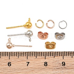 3色の鉄球スタッドピアス金具90個  水平ループ & イヤーナット 120 個 & 鉄製オープン丸カン 120 個付き  ミックスカラー  6.5x4mm  穴：1mm  ピン：0.8mm  30個/カラー&nbsp;FIND-UN0001-89
