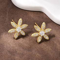 Flower Brass Micro Pave Clear Cubic Zirconia Stud Earrings&nbsp;EJEW-F400-01B-G