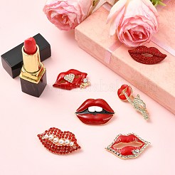 リップエナメルピン 6個 6スタイル  バックパックの服に合うラインストーン合金のラペルピン  absプラスチックパール  レッド  18~46.5x18~45.5mm  1個/スタイル&nbsp;JEWB-CJ0003-17
