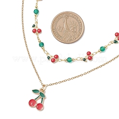 Brass Enamel Red Cherry Pendant 304 Stainless Steel Double Layered Necklaces for Women&nbsp;NJEW-JN05763