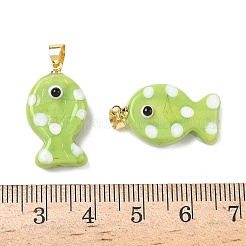 手作りランプワークペンダント  魚  真鍮  長持ちメッキ  ラックめっき  ゴールドカラー  黄緑  23~24x13~14x7~8.5mm  穴：4.5x4mm&nbsp;LAMP-G168-04F
