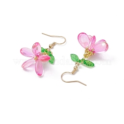 304ステンレススチールガラスダングルイヤリング  花  ゴールドカラー  フクシア  45x24mm&nbsp;EJEW-MZ00433-05