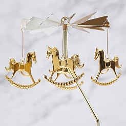 Iron Rotating Wooden Horse Tealight Candle Holder&nbsp;AJEW-WH0019-43G